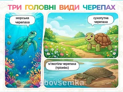 Яскравий навчальний колаж для дітей, що складається з трьох частин у мультяшному стилі. Зверху — морська черепаха в океані, посередині — сухопутна черепаха на луці, знизу — м'якотіла черепаха біля річки. Великий заголовок зверху: 'Три головні види черепах'.