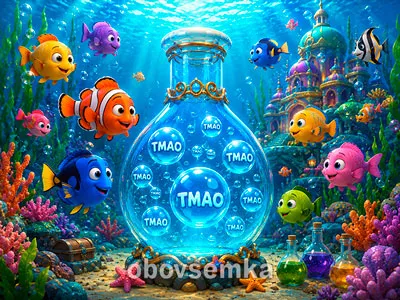 Веселі рибки  під водою навколо великої ковби з ТМАО