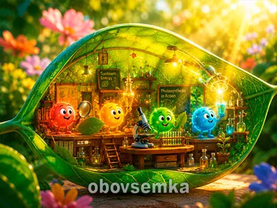 Маленькі кольорові персонажі-пігменти всередині зеленого листа, що збирають сонячне світло.