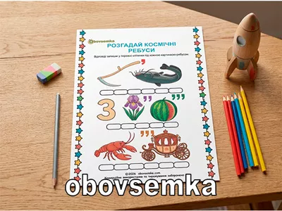 Дитячий робочий аркуш А4 з космічними ребусами-картками та порожними клітинками для відповідей.