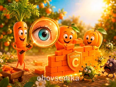 Морква з лупою розглядає cartoon-око, поруч персонажі з помаранчевих овочів будують захисну стіну.