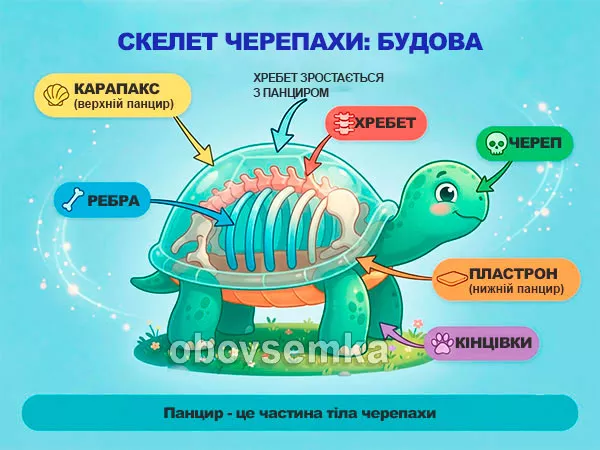 Пізнавальна схема для дітей: скелет черепахи з підписами частин тіла, включаючи карапакс, пластрон, ребра та хребет, наочно показує, що панцир є невід'ємною частиною скелета.