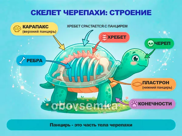 stroenie-cherepahy Познавательная схема для детей: скелет черепахи с подписями частей тела, включая карапакс, пластрон, ребра и позвоночник, наглядно показывает, что панцирь является неотъемлемой частью скелета.