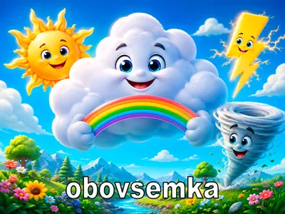 3D-ілюстрація. По центру — облачко, которое держит радугу, рядом солнышко, веселая молния и маленький смерч с большими глазами.
